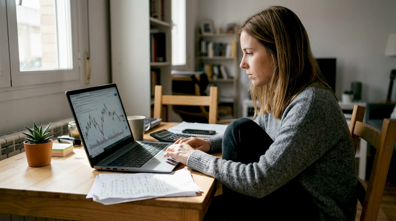 Profesional analizando precios en su portátil y revisando documentos