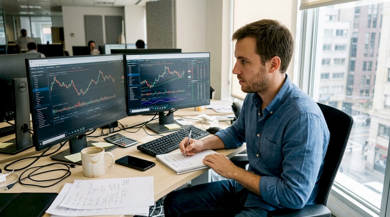 Operador analizando gráficos y tomando notas sobre los movimientos del mercado