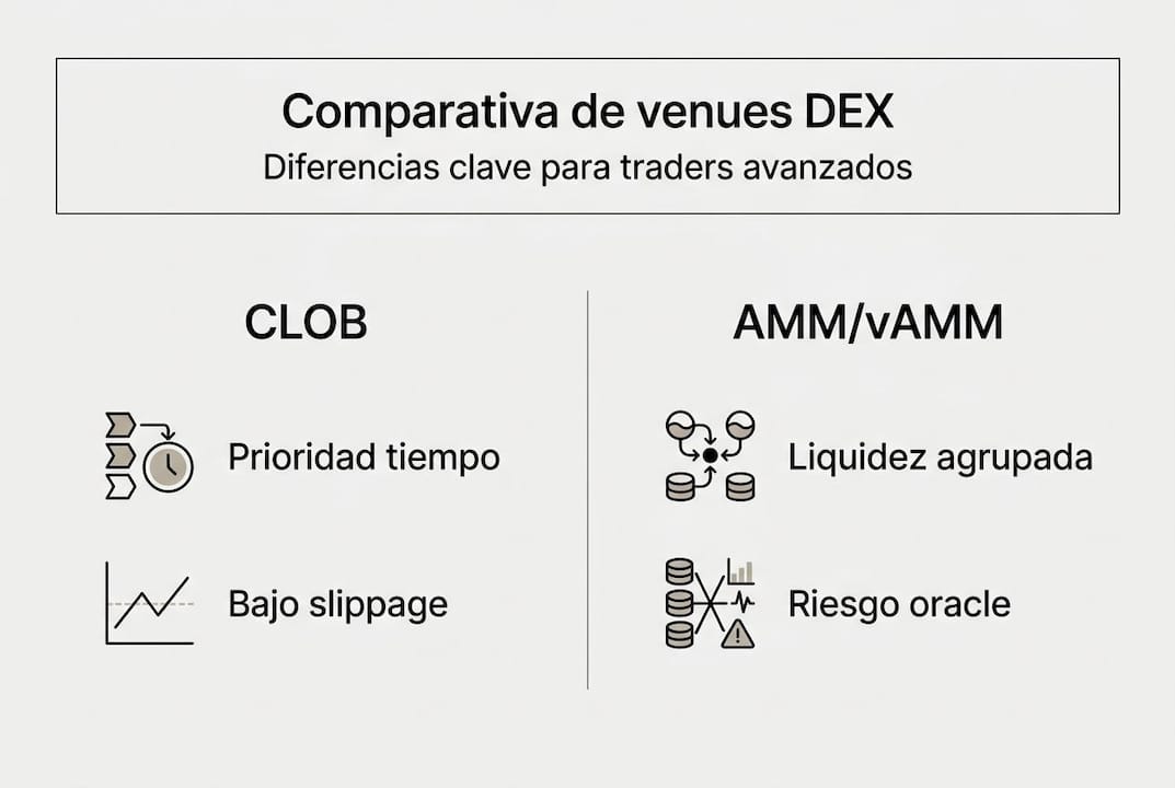 Infografía comparativa sobre las diferencias entre los mercados CLOB y AMM
