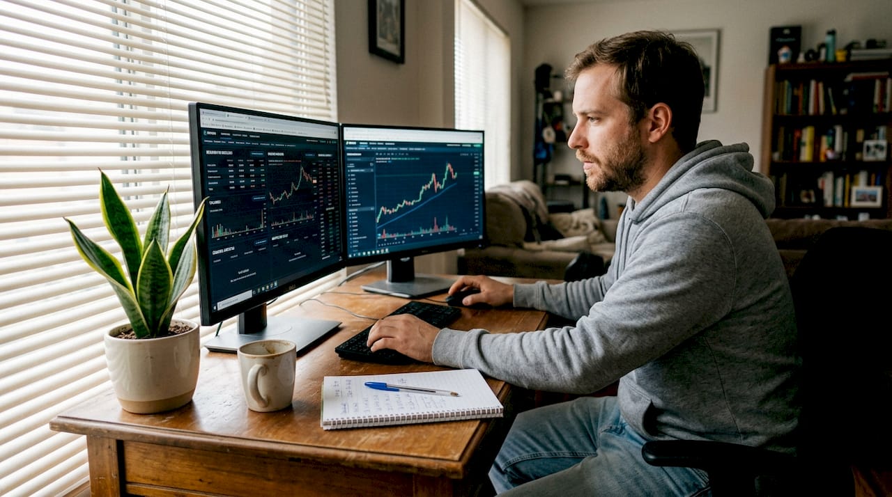 Operador gestionando órdenes en una DEX desde su escritorio en casa