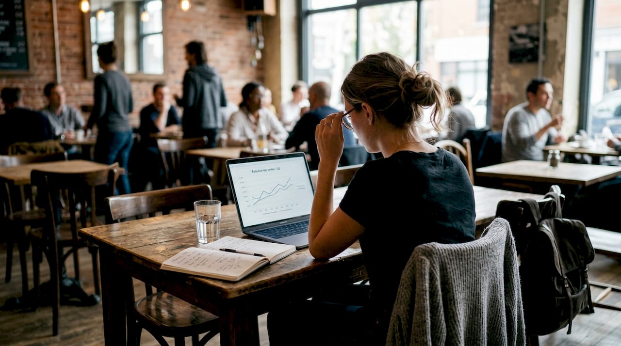 Une femme étudie ses stratégies de trading attablée dans un café.