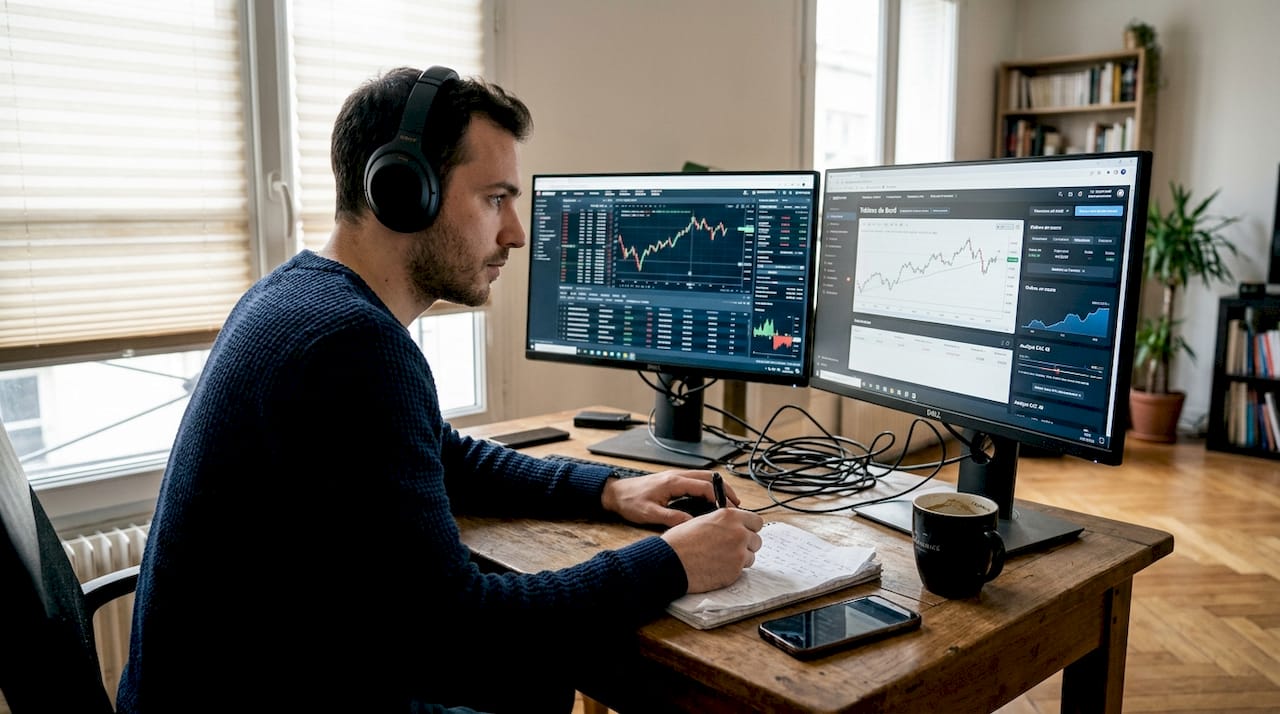 Un trader analyse les cours sur ses écrans depuis le confort de son salon.