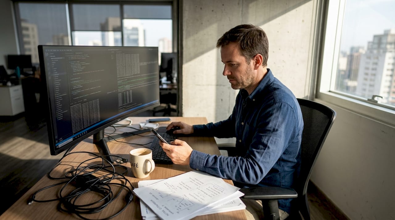 Hombre supervisando el funcionamiento de un bot de trading desde su oficina