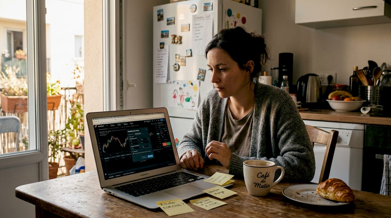 Une femme consulte l’effet de levier de ses investissements depuis son ordinateur portable.