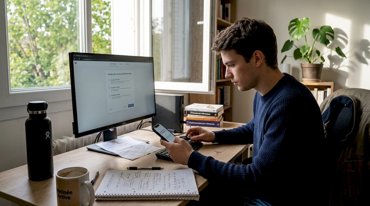 Un homme en train de configurer son portefeuille crypto, installé à son bureau.