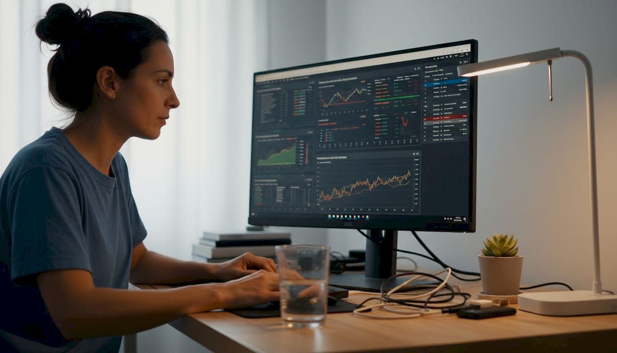 Mujer supervisando el funcionamiento de bots desde su oficina en casa