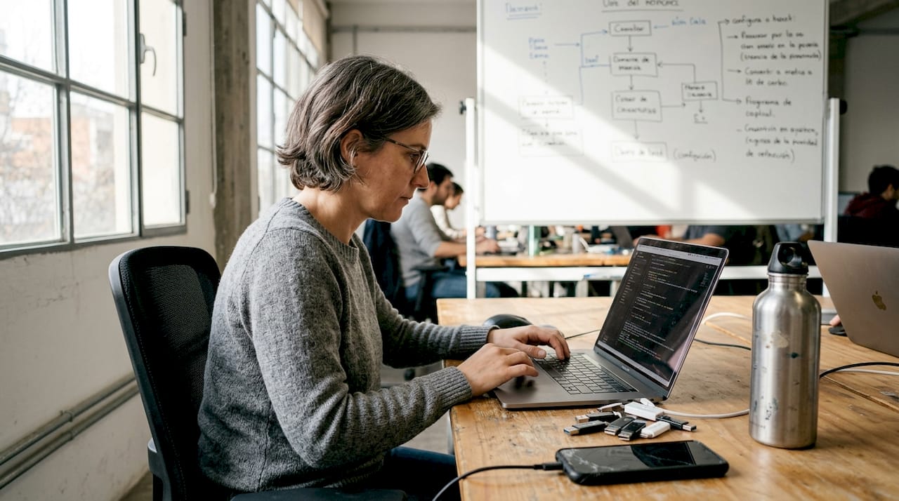 Una mujer ajusta el bot DEX mientras trabaja en su oficina