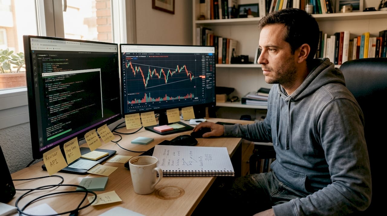 Hombre supervisando el funcionamiento de un bot de criptomonedas desde su escritorio en casa.