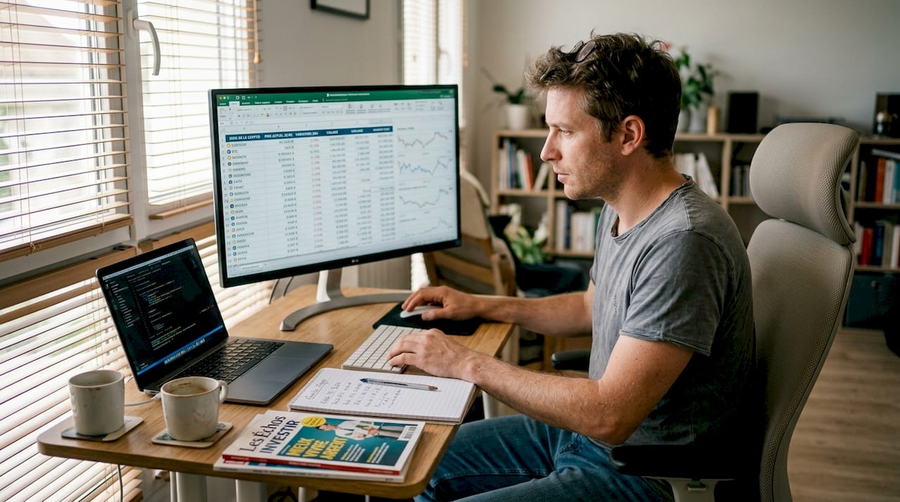 Un homme gère ses investissements en cryptomonnaie depuis son bureau à domicile.