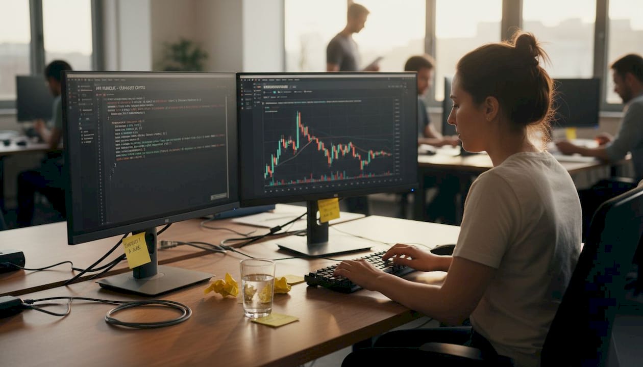 Une femme développe un programme automatisé pour le trading de cryptomonnaies.