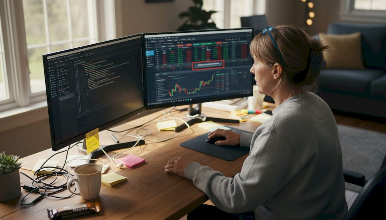 Desarrollador de software revisa código de trading desde su oficina en casa