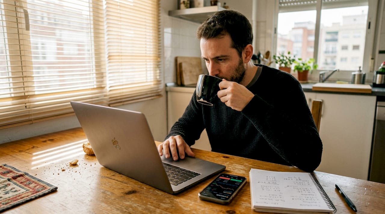 Un trader revisando gráficos de criptomonedas desde la mesa de la cocina.