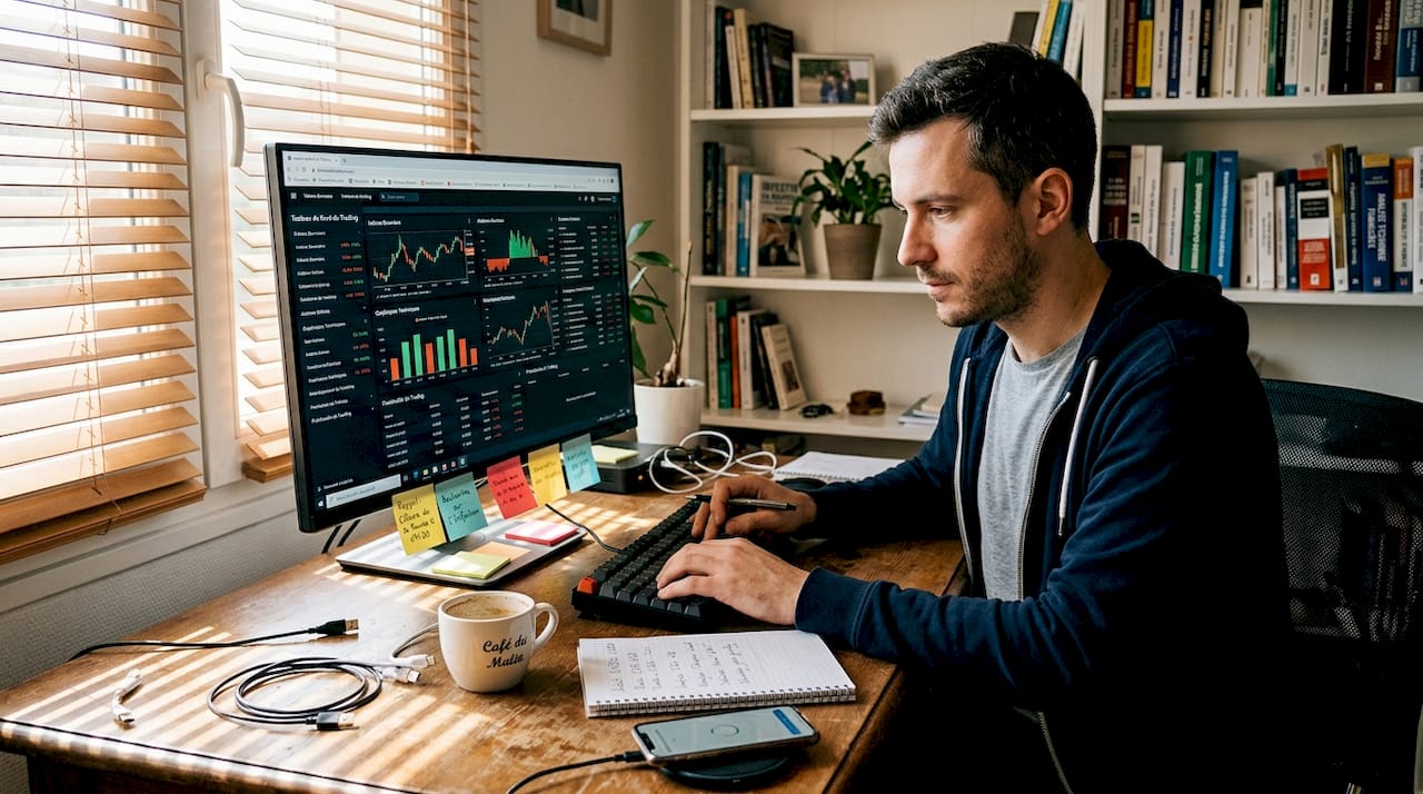 Dans son bureau à domicile, un trader consulte attentivement le tableau de bord de son bot de trading.
