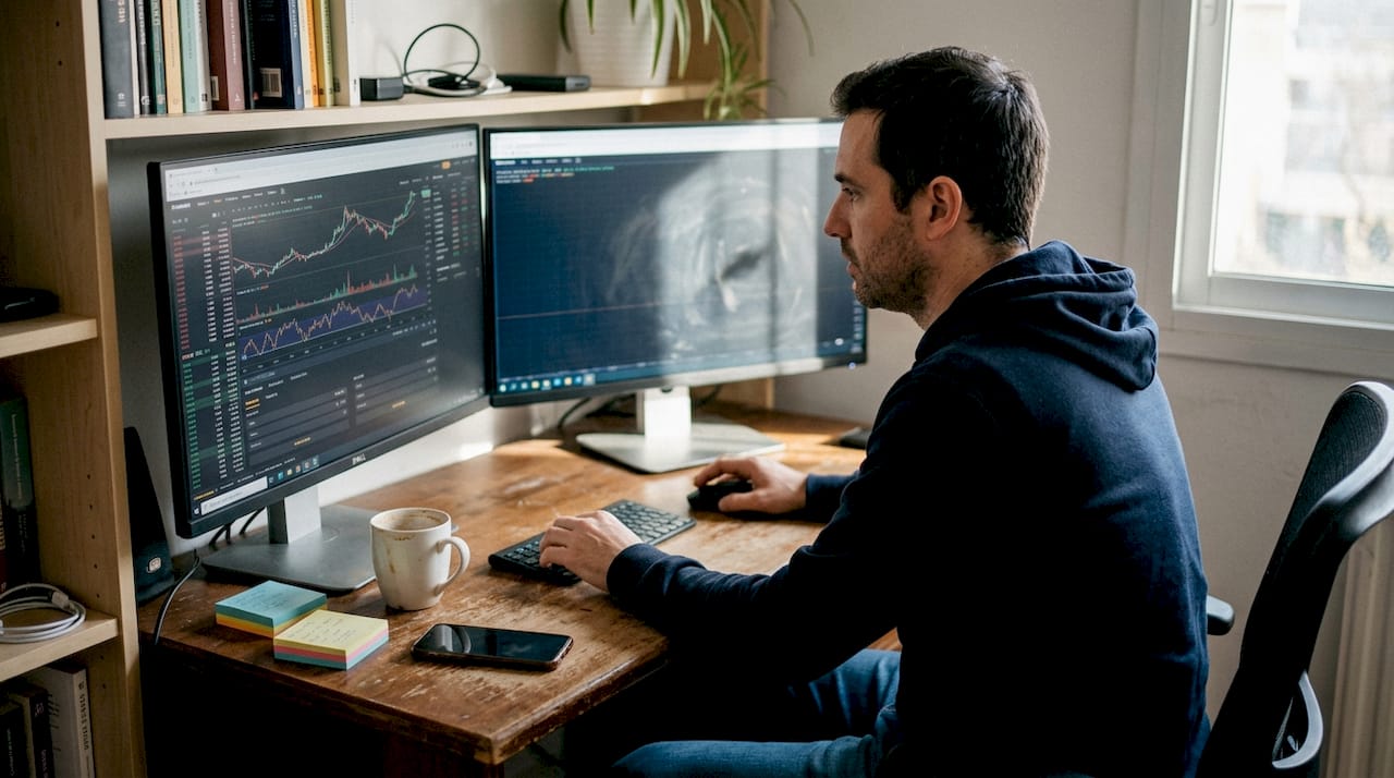 Un trader revisa gráficos desde la comodidad de su casa, trabajando en un ambiente relajado y tranquilo.