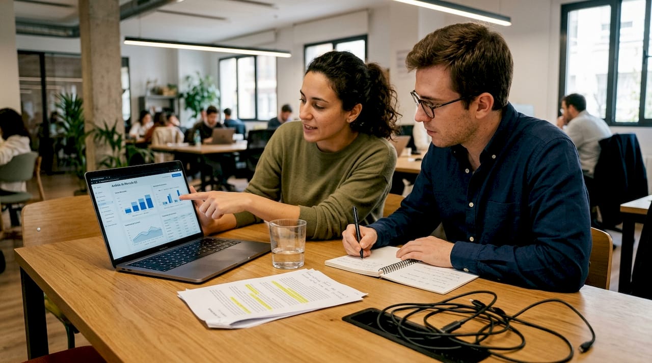 Dos compañeros de trabajo conversan sobre los datos globales del mercado.