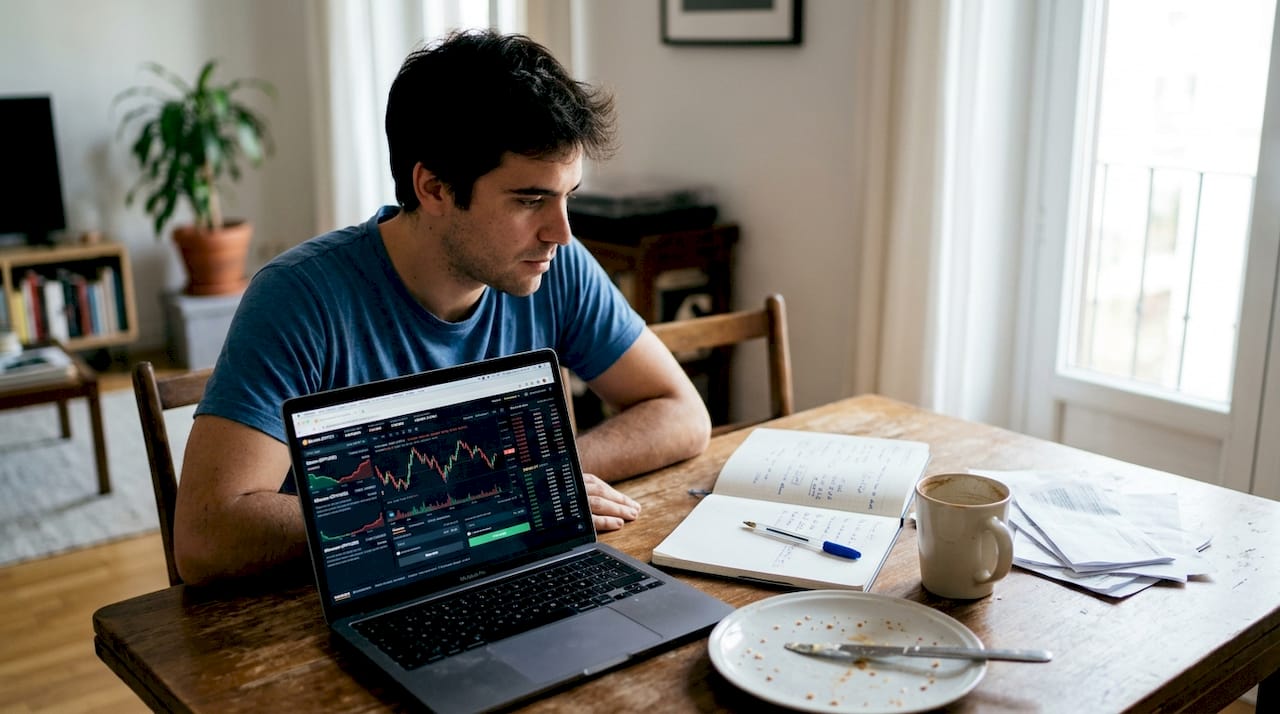 Un hombre analiza en casa las tendencias de las finanzas descentralizadas en su ordenador.