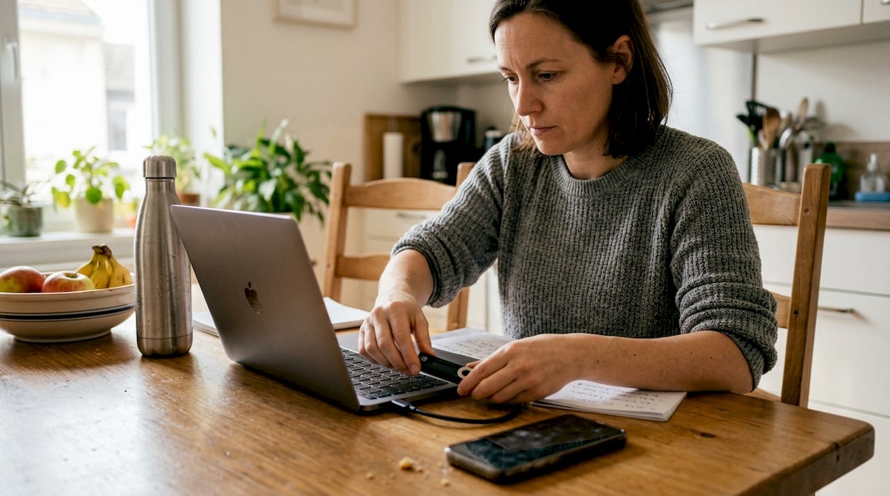 Chez elle, une femme protège l’accès à son portefeuille de cryptomonnaies depuis son ordinateur portable.