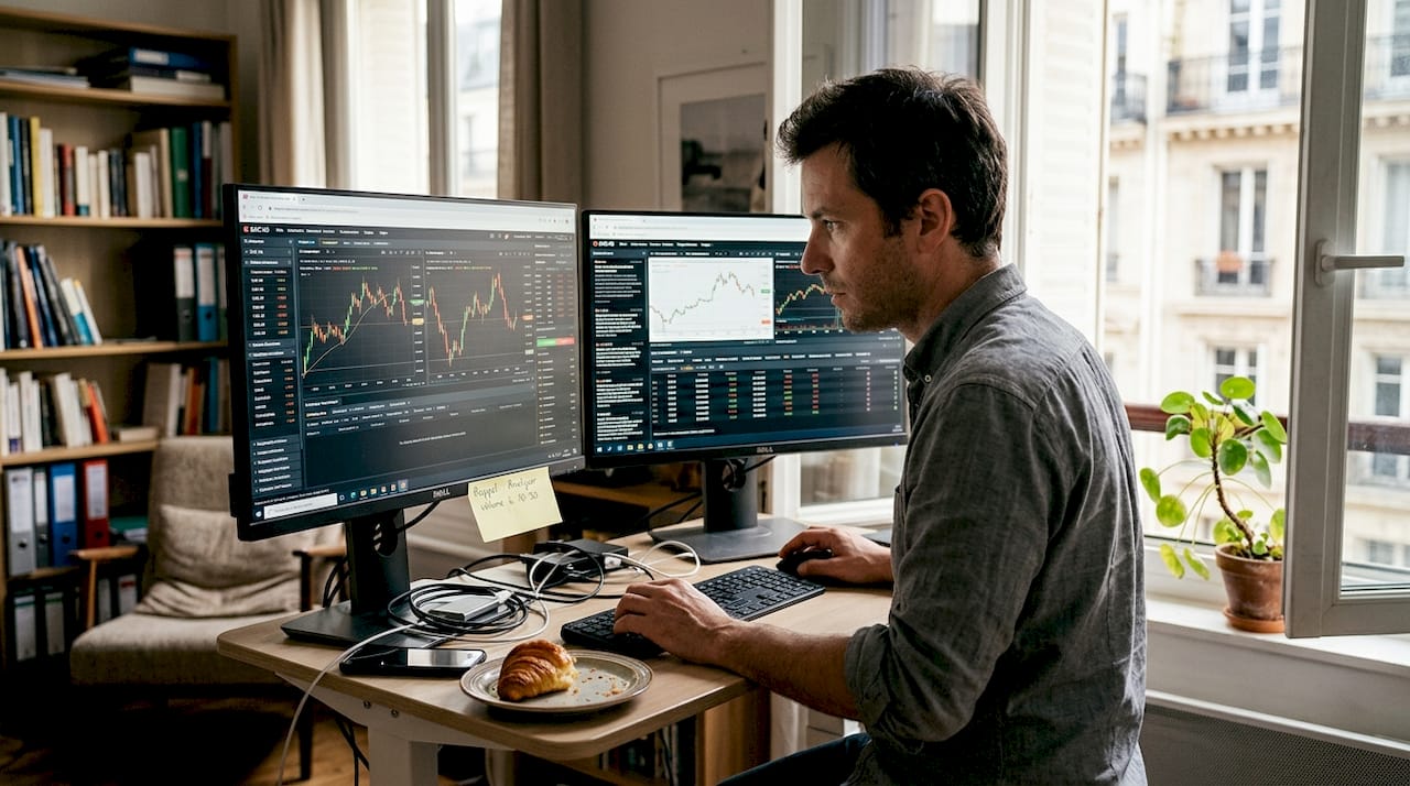 Un homme installé à son bureau, en train de paramétrer un robot de trading depuis son espace de travail à domicile.