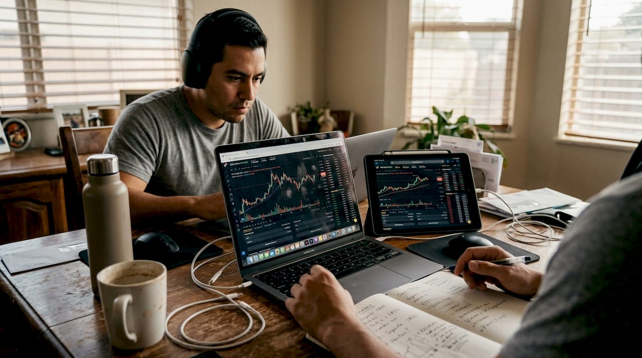 Inversionista analizando gráficos de DEX desde su oficina en casa