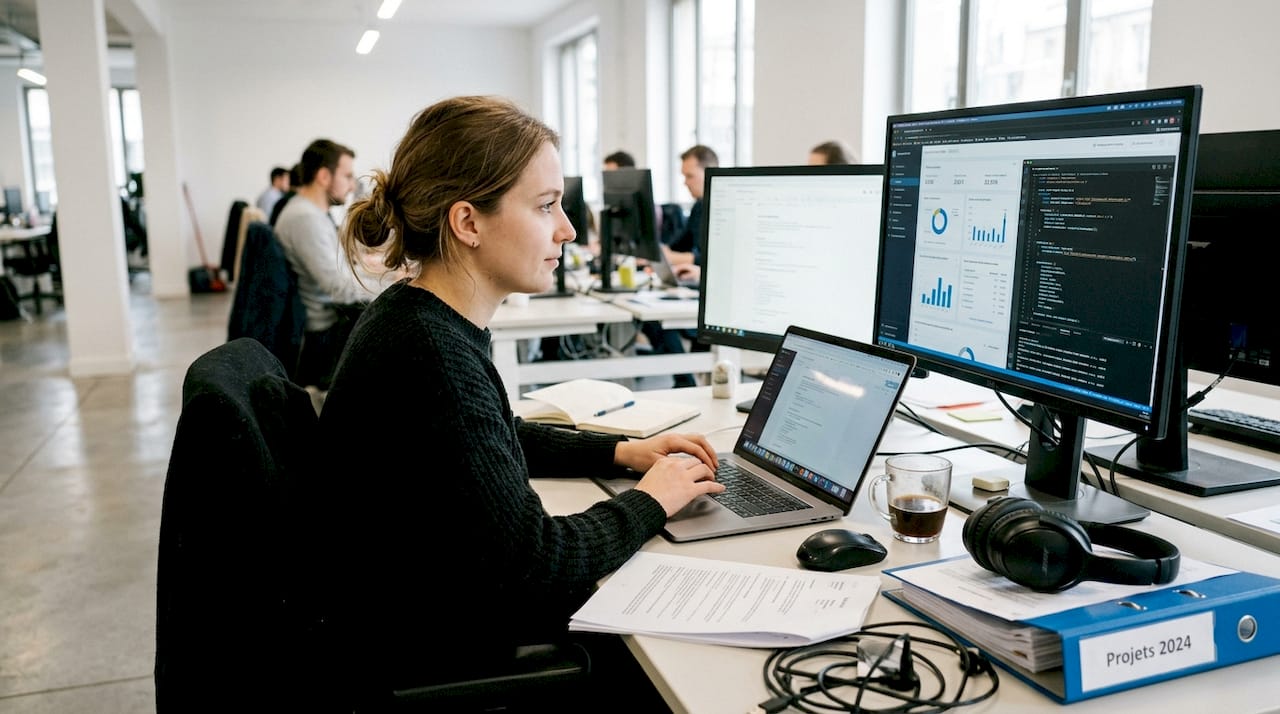 Une femme maîtrise à la fois plusieurs outils d’analyse technique pour le trading, passant aisément de l’un à l’autre selon les besoins du marché.