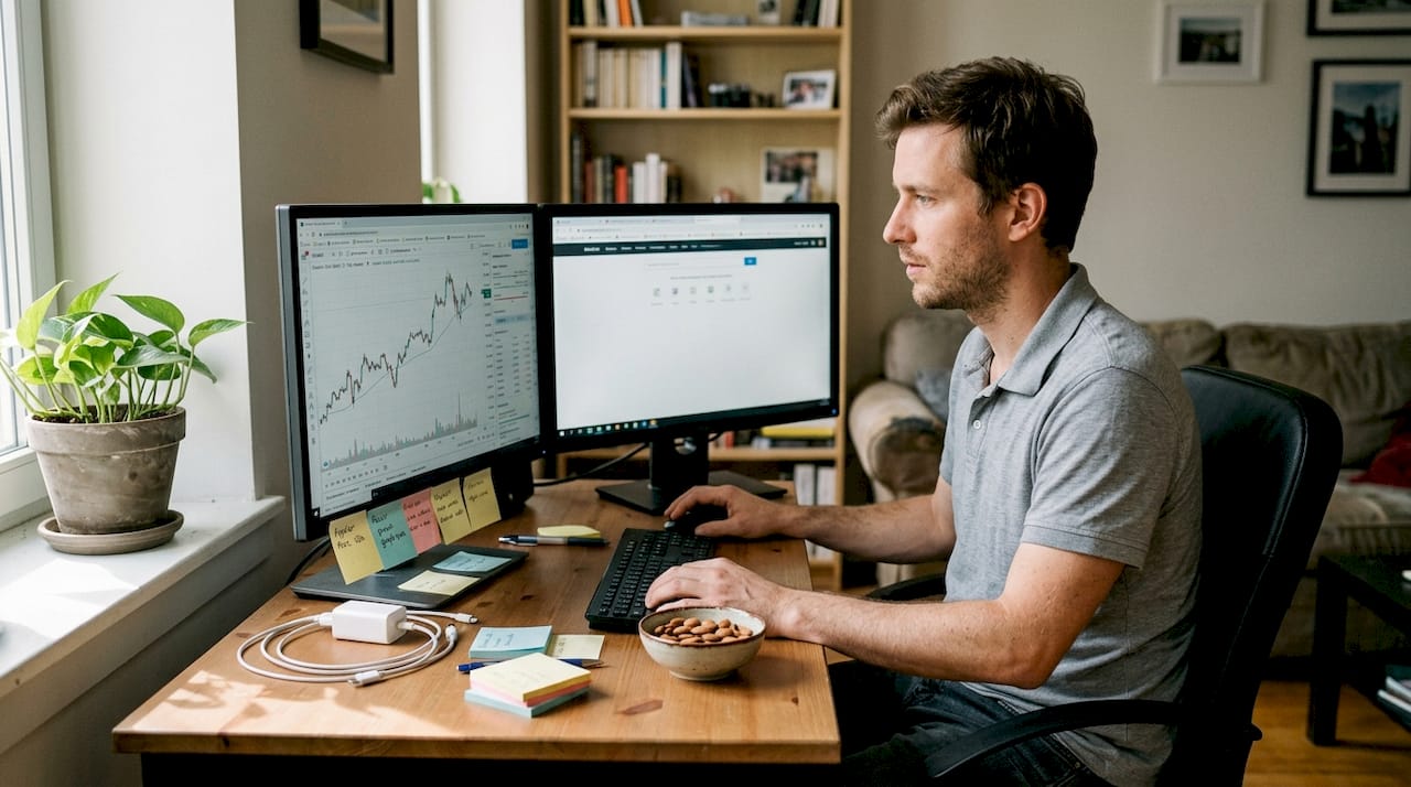 Un homme suit l’évolution de ses comptes crypto depuis chez lui.