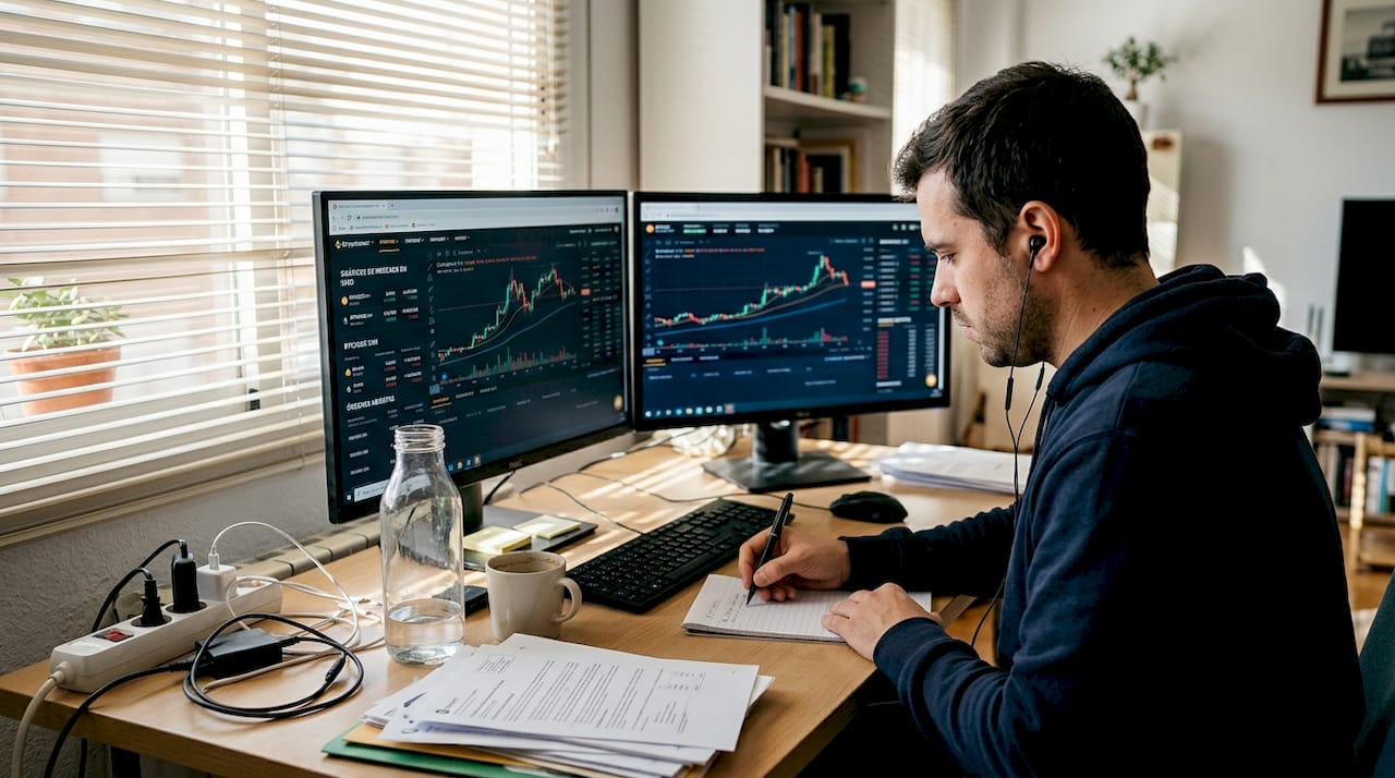 Inversionista revisando gráficos de criptomonedas desde su escritorio en casa