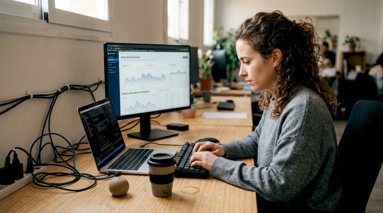 Desarrollador revisando datos de blockchain en su ordenador