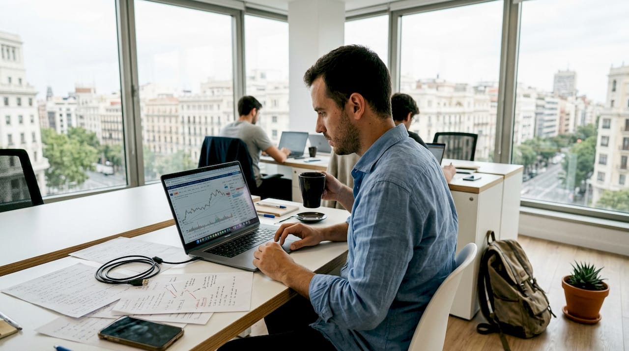 Profesional analizando los spreads en su portátil dentro de un espacio de coworking