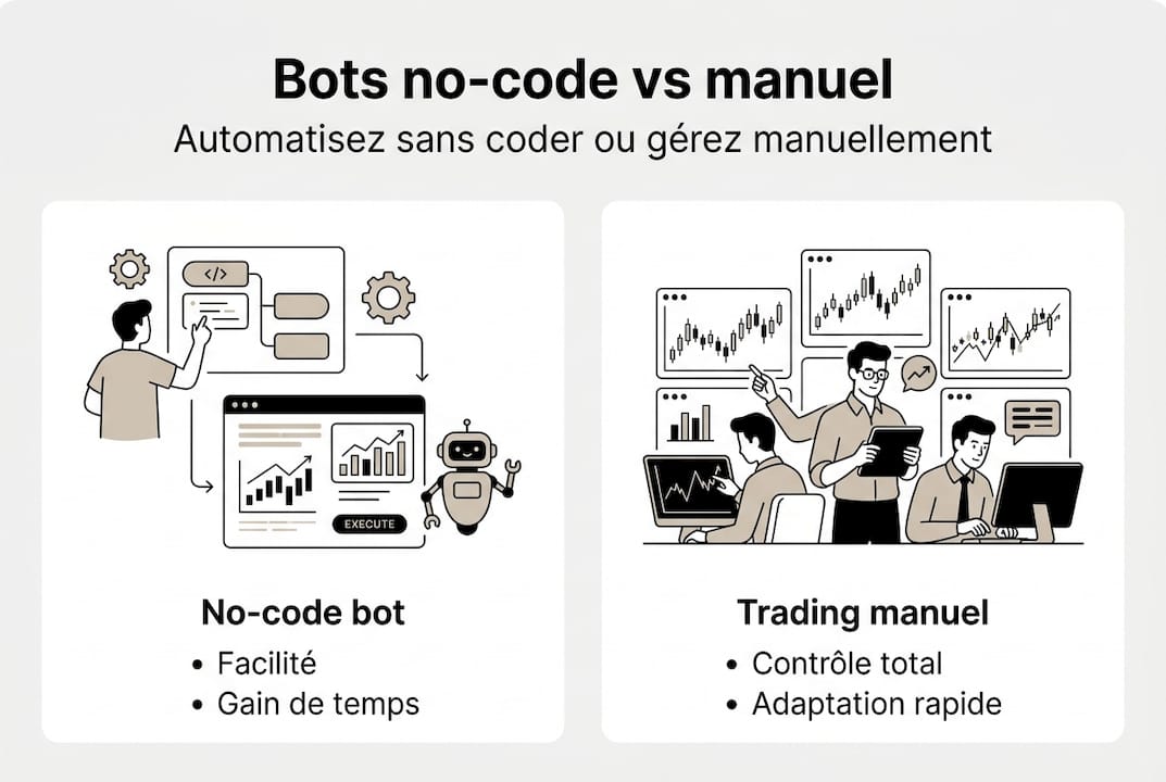 Infographie : le match entre bots no-code et trading manuel