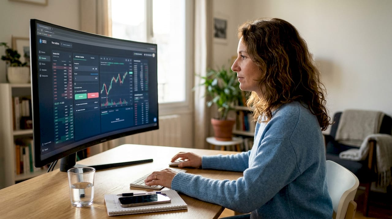 Une femme qui investit sur une plateforme de trading décentralisée, sans avoir besoin de compétences en programmation.