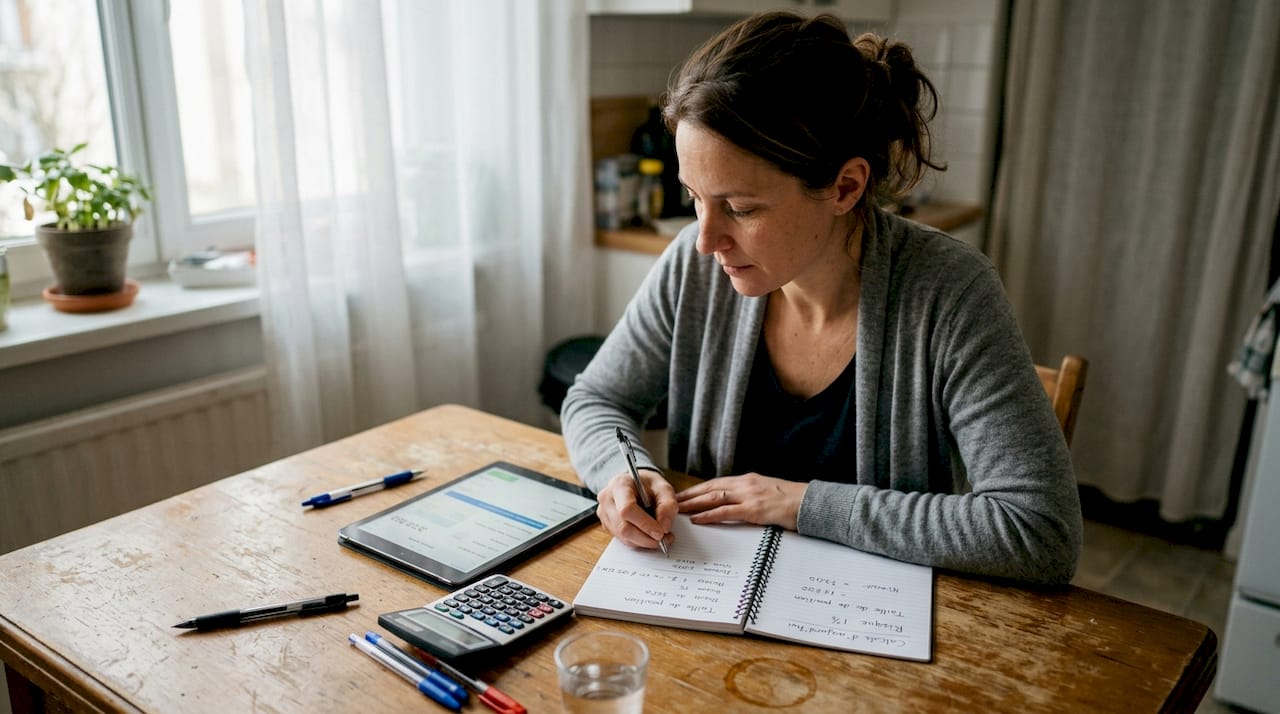 Assise à sa table de cuisine, une femme évalue les risques liés à ses investissements en bourse.