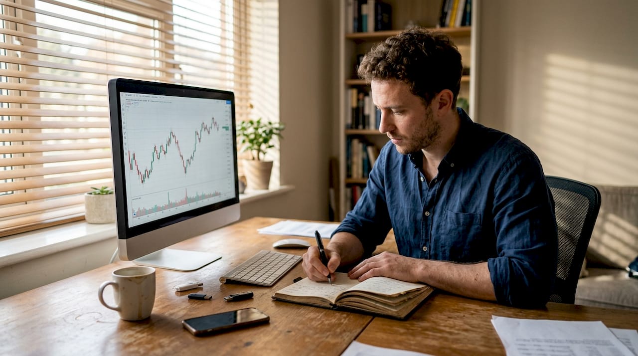 Un analista examina diferentes mercados de negociación desde su escritorio.