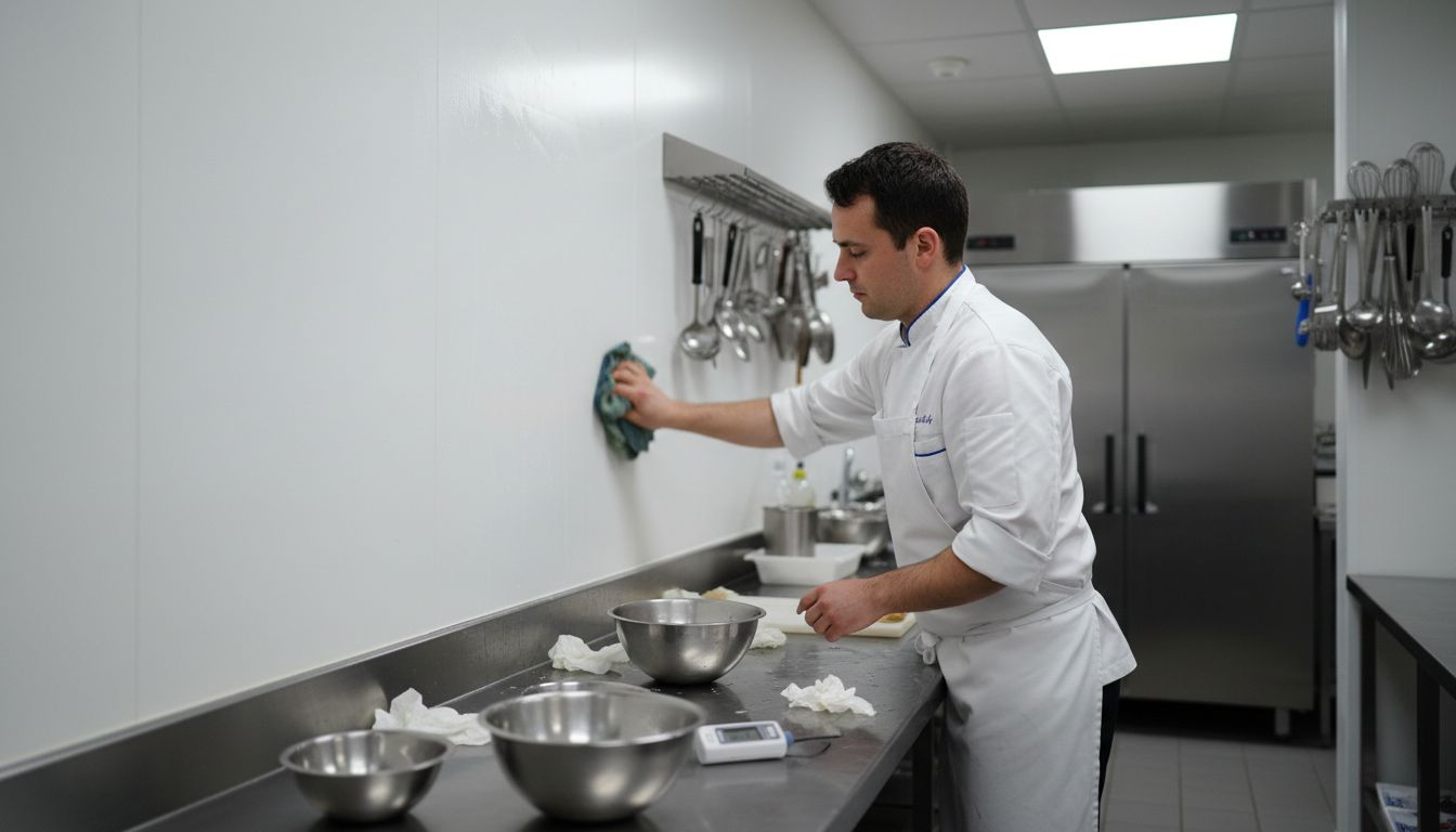 Chef cleaning hygienic wall panel in kitchen