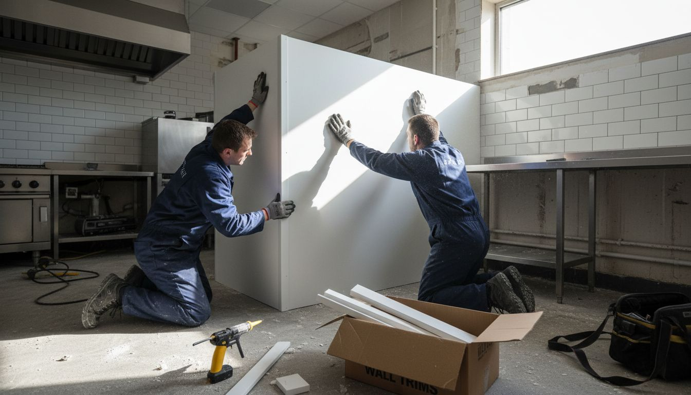 Workers installing wall panel in kitchen