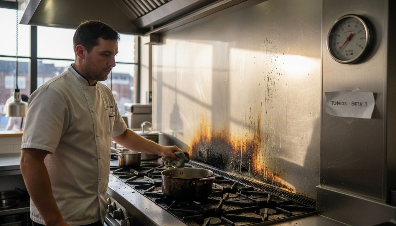 Chef cleans stainless steel kitchen wall