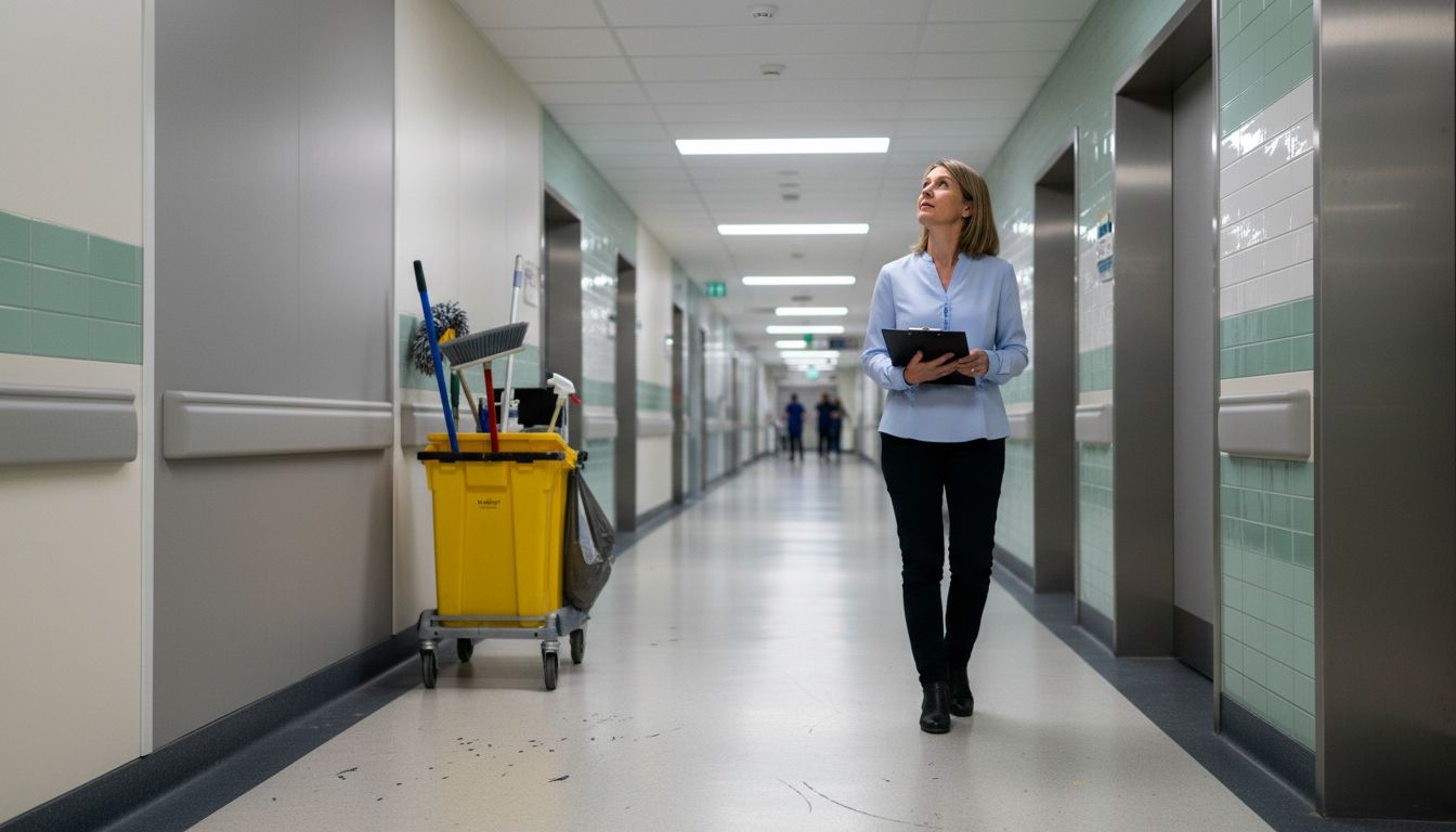 Hospital corridor with various wall cladding types