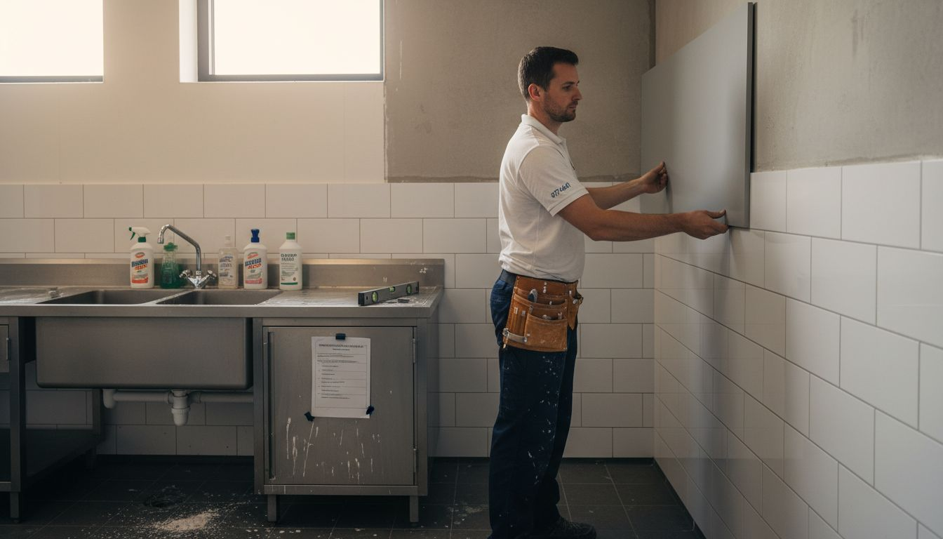 Installer measuring hygienic wall panel in kitchen
