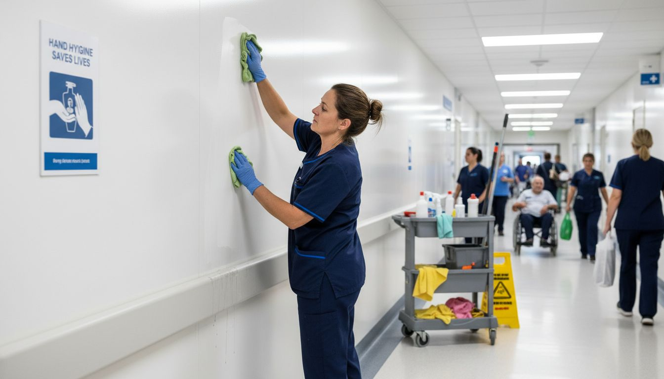 Worker cleaning hygienic wall cladding in hospital corridor