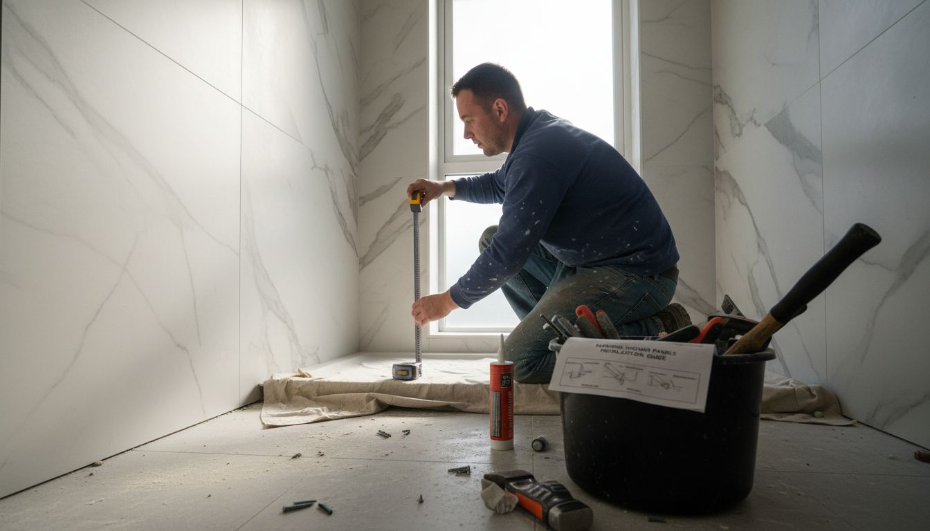Contractor installing waterproof marble panel