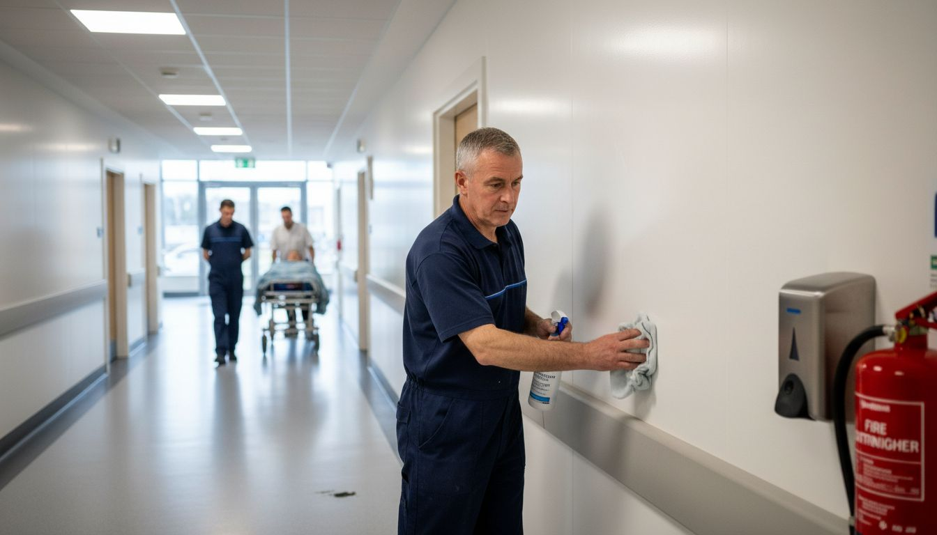 Worker cleaning seamless PVC hospital wall