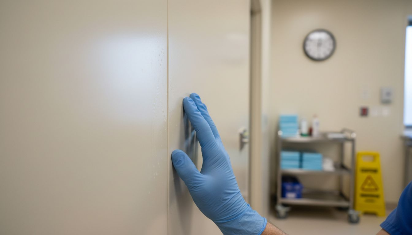 Hand cleaning PVC wall panel in clinic