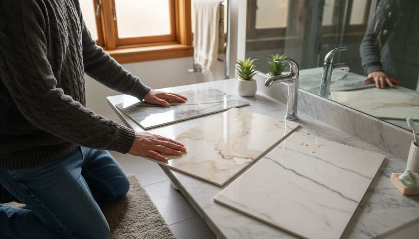 Samples of marble bathroom panels on countertop