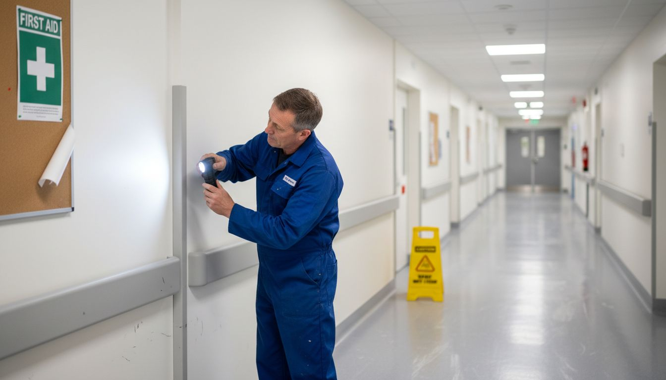 Technician inspecting hygienic wall cladding in hospital