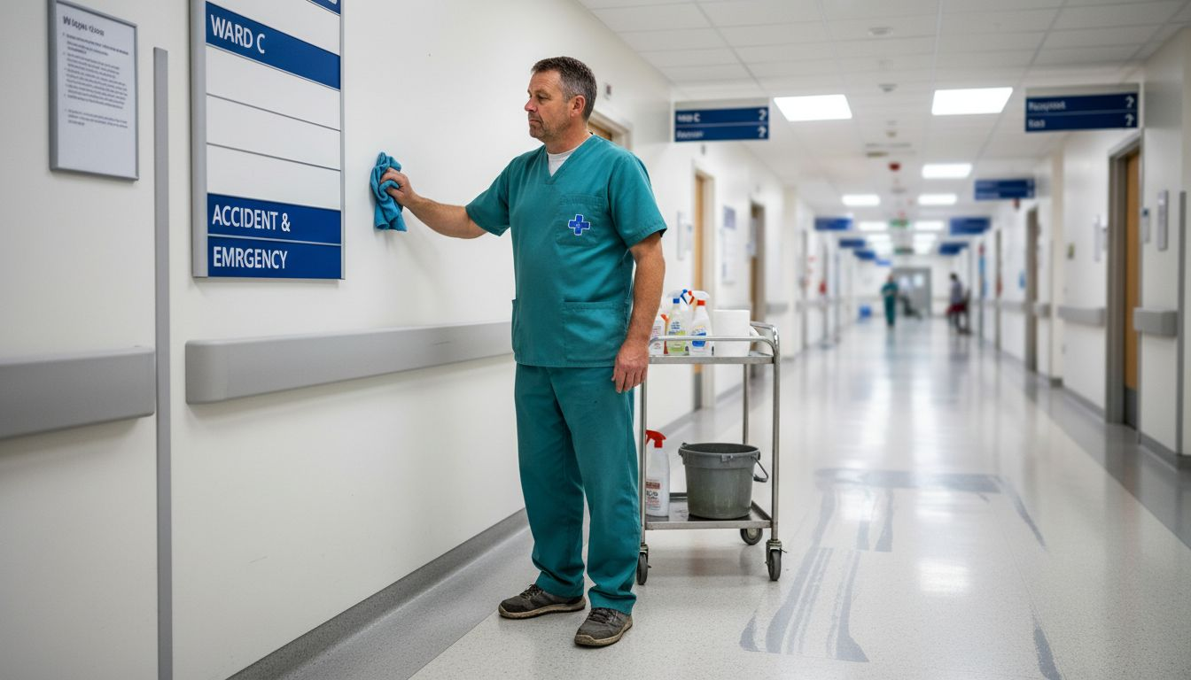 Janitor cleaning PVC hospital wall panel