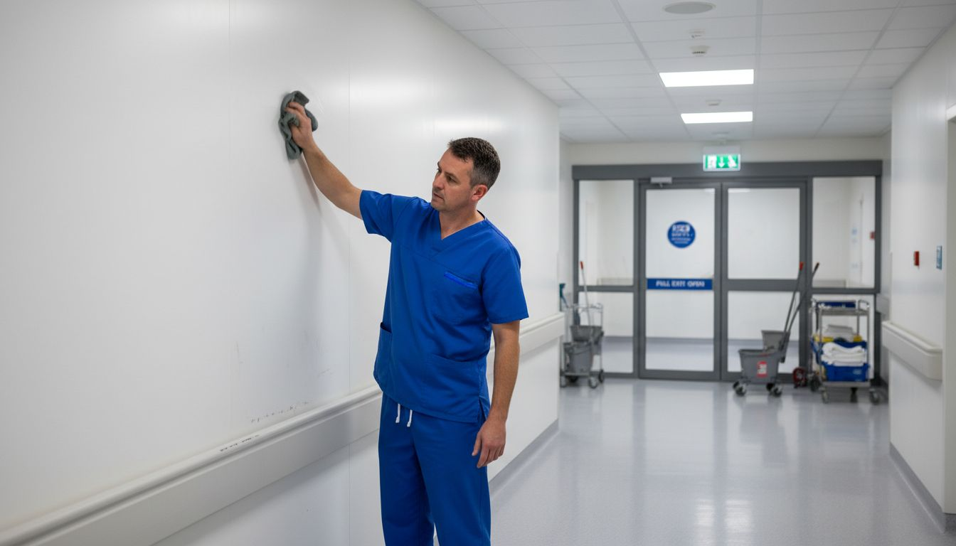 Worker cleaning hospital hygienic wall cladding