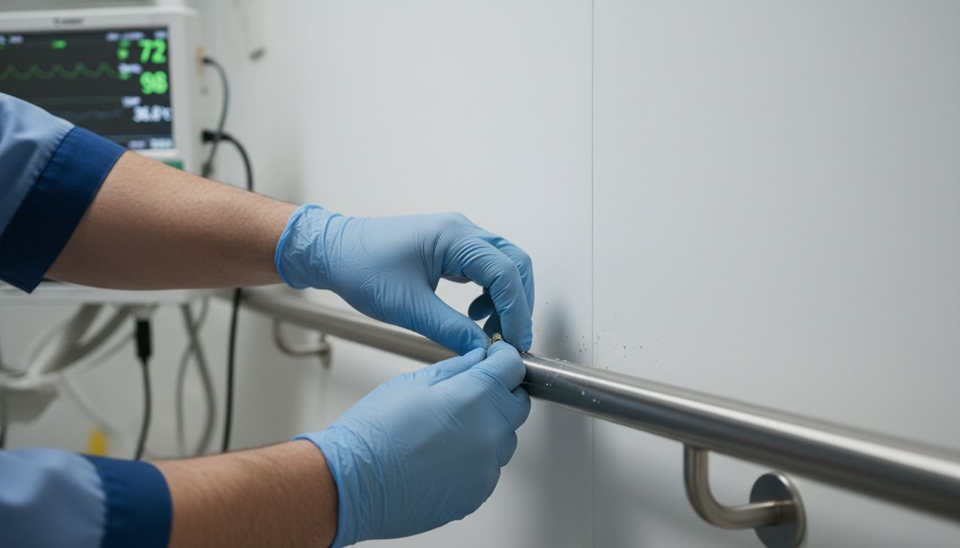 Gloved hands inspect antimicrobial wall panels