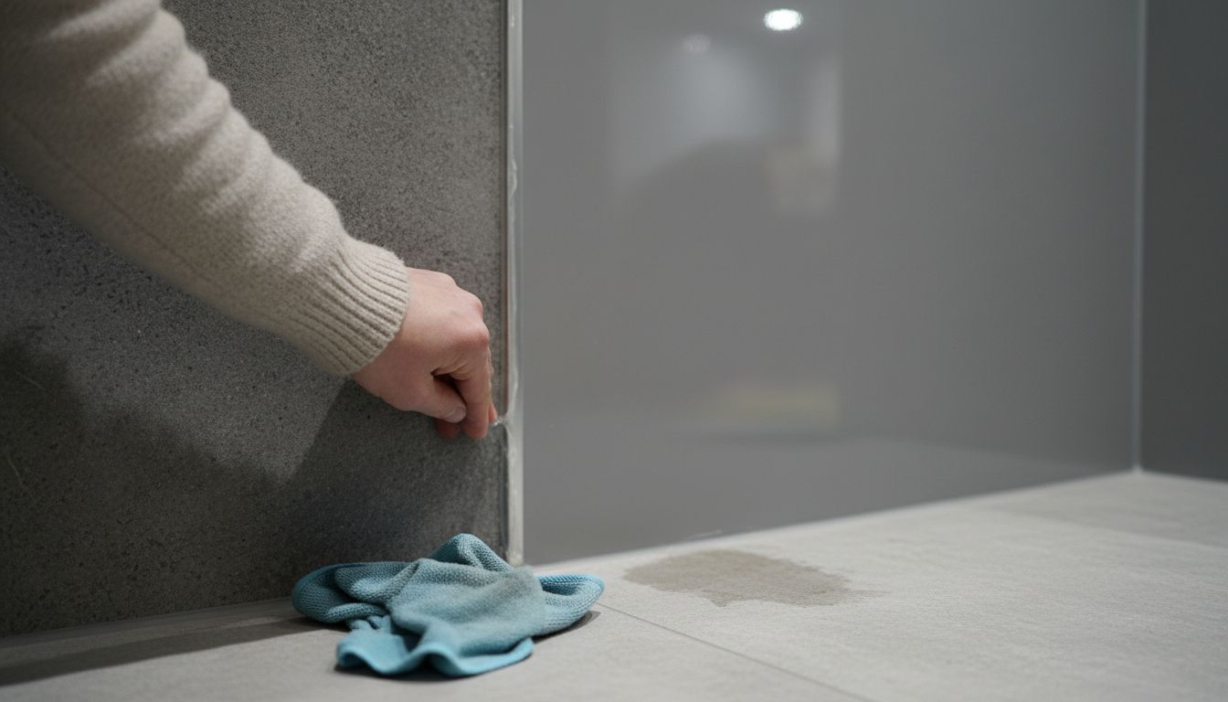 Close-up of wet room panel junction and textures