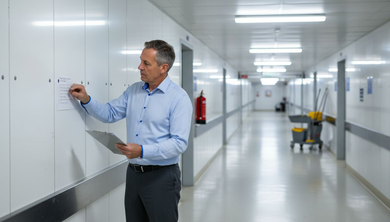 Manager inspecting hygienic cladding in hospital