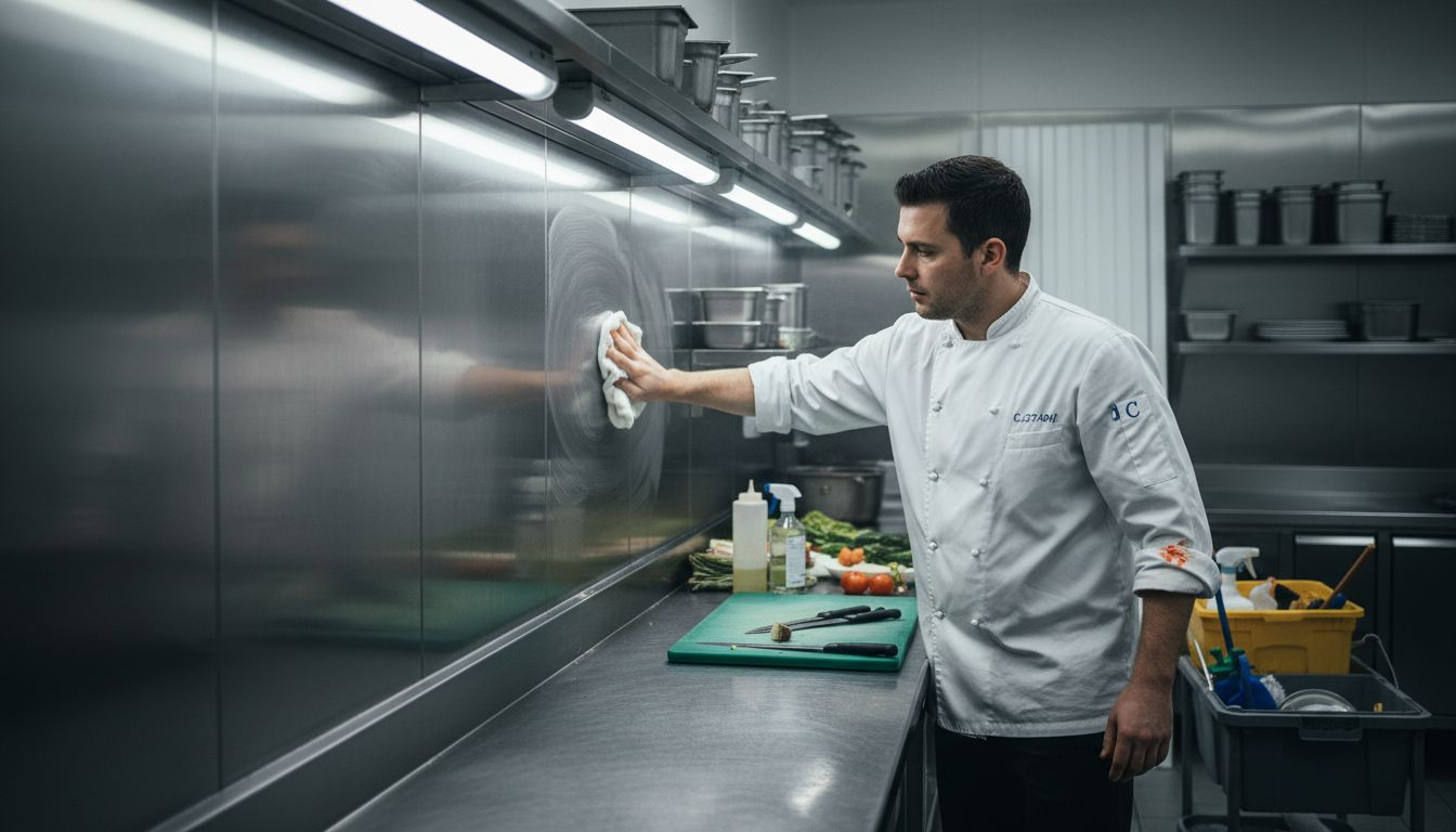 Chef cleaning stainless wall with cladding materials