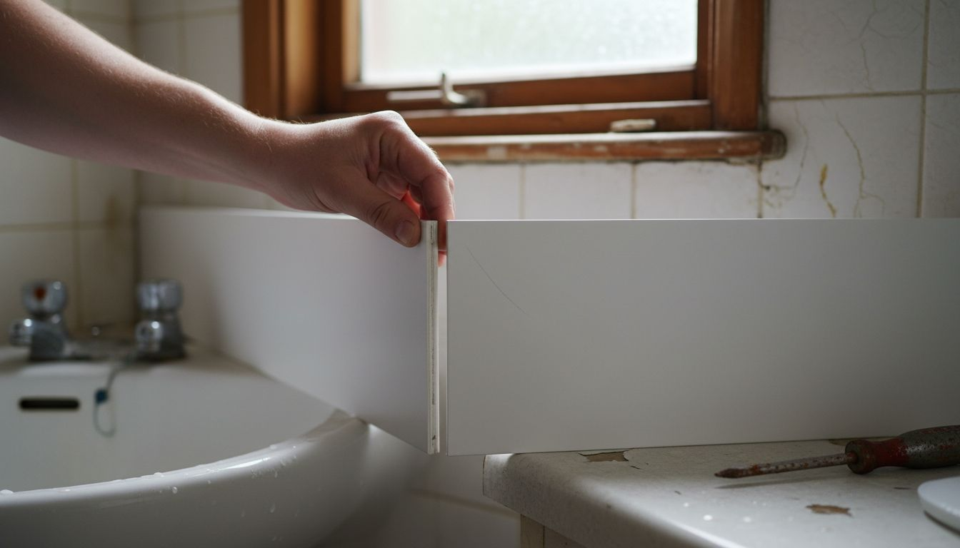 Hands aligning waterproof bathroom panels